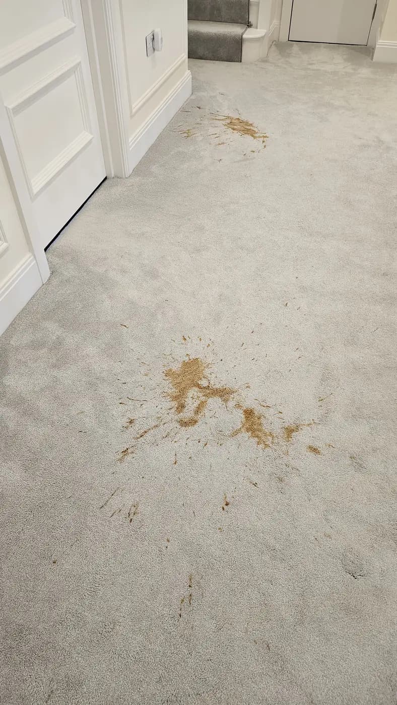Brown spill stain on a light grey hallway carpet