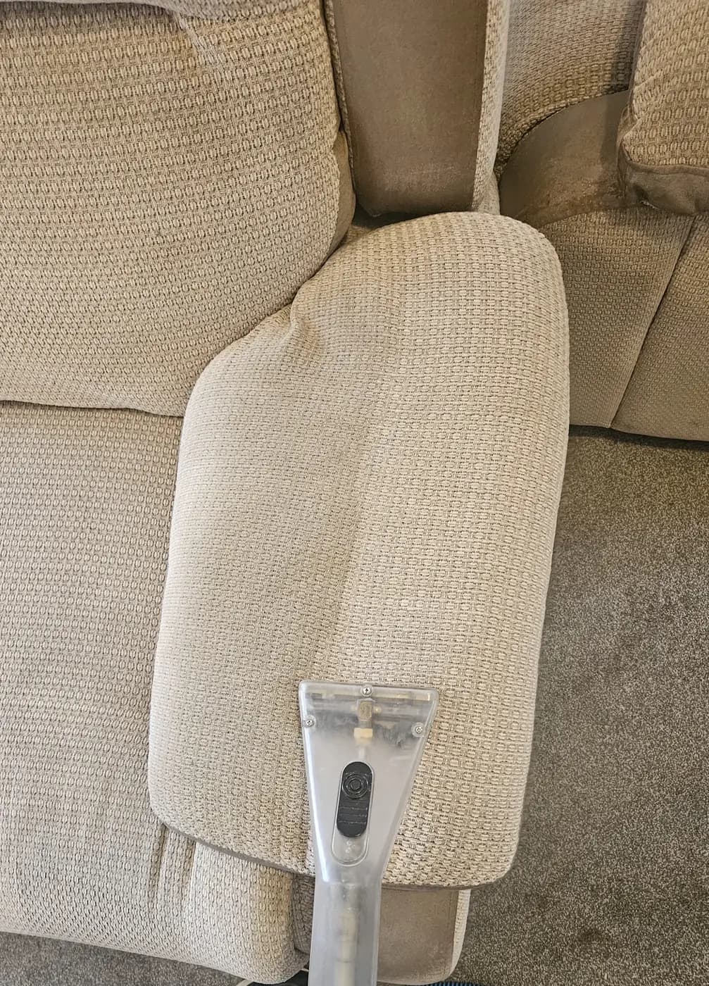 Beige sofa cushion part-way through cleaning